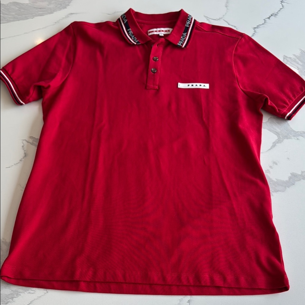 Men's PRADA Logo Collar Stripe Short Sleeve Polo Shirt red navy blue white S
